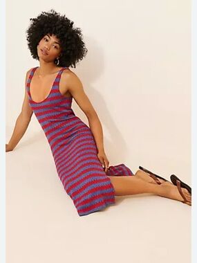 Striped Knit Midi Dress in Red and Blue